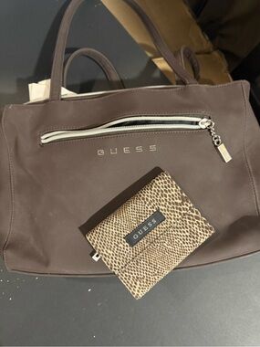 GUESS Brown Zippered Tote with Snake-Print Card Sleeve